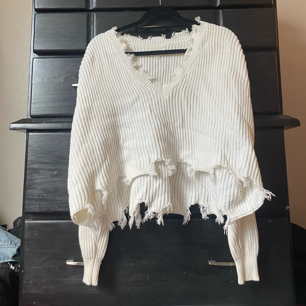 Distressed White Sweater